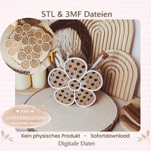 Puede incluir: Un diseño decorativo en forma de flor con borde blanco y centro marrón punteado. La imagen también presenta otros diseños florales y el texto "STL & 3MF Dateien", "GEWERBELIZENZ" y "Digitale Datei".