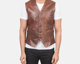 Handgjord herrväst i lammskinnsläder med mjuk fårskinns-cowboyväst och jerkin