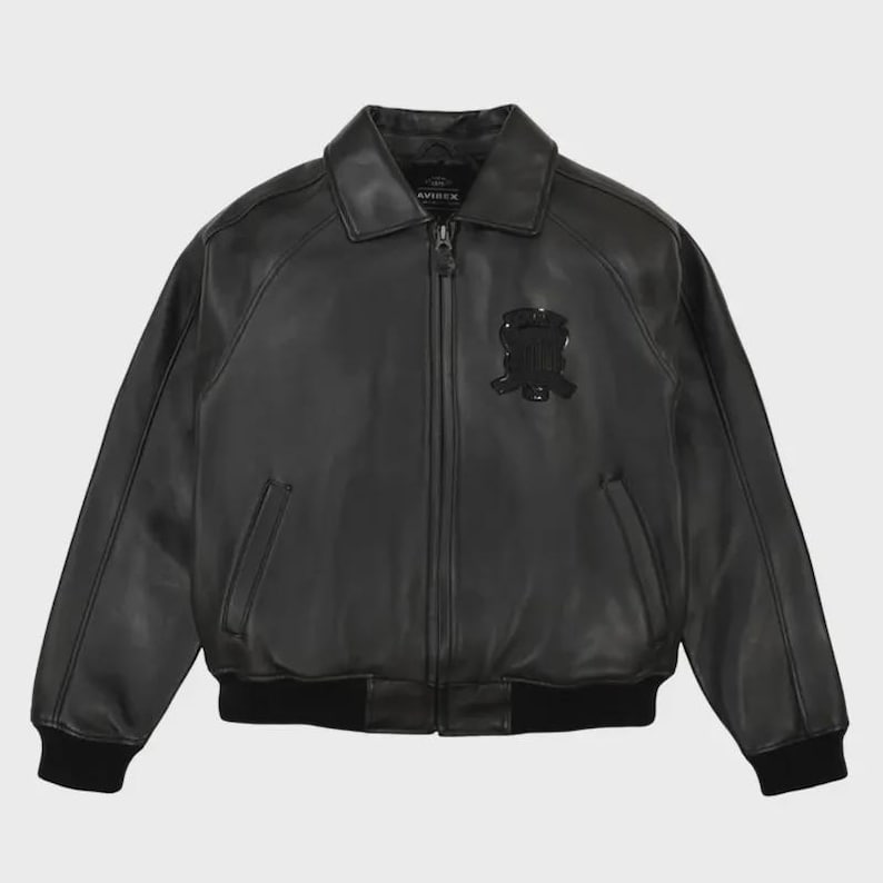 Svart bomberjacka i lammskinn för män | Flygjacka i Avirex-stil bild 1