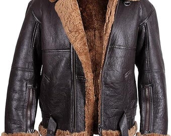 Herrjacka i äkta fårskinn | RAFAviatorDubbelkragePilotFlygjacka | B3Bomberjacka | VinterVarmPälsFodradKappa | HandgjordVintageYtterkläder