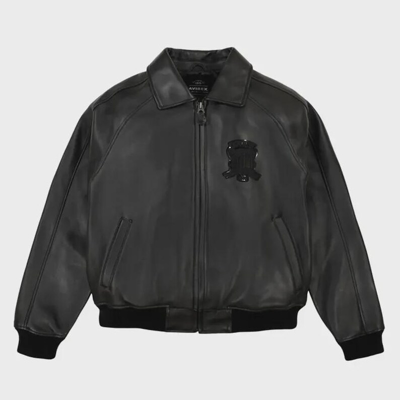 Svart bomberjacka i lammskinn för män | Flygjacka i Avirex-stil bild 3