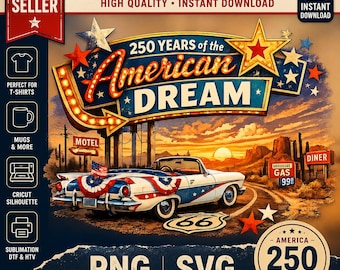 250 jaar American Dream png SVG, vintage roadtrip-shirtontwerp (digitale download)
