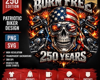 Patriottisch motorschedelontwerp, Born Free 250 Years, USA Motorcycle Art (PNG SVG)