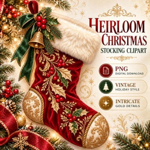 Peut inclure: Une chaussette de Noël en velours rouge avec un revers en fausse fourrure blanche, ornée de filigrane doré, de feuilles de houx et de baies rouges. Un nœud vert et une cloche dorée sont fixés en haut. Texte : HEIRLOOM CHRISTMAS STOCKING CLIPART.