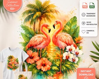 Flamingo aquarel clipart | Tropische zomer bloemen PNG SVG (directe download)
