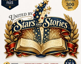 Patriottisch boek PNG SVG, United by Stars and Stories Design (digitale download)