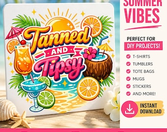 Tanned and Tipsy Retro Summer Beach Design | Tropical Cocktail Vacation Graphic (PNG SVG)