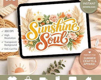 Sunshine Soul Boho zomerontwerp | Retro bloementypografie (digitale download)