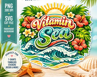 Vitamine Sea retro zomer strand ontwerp, tropische hibiscus SVG (digitale download)