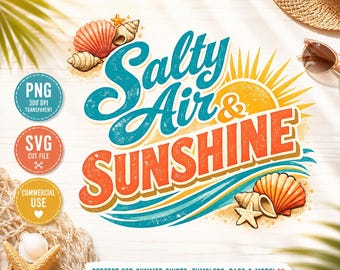 Salty Air Sunshine Retro Beach SVG PNG | Coastal Summer Cut File (Digital Download)