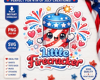 Little Firecracker PNG SVG-bundel, kawaii 4 juli-shirtontwerp (digitale download)