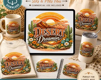 Desert Dreamin' SVG-png-bestand | Boho western zonsondergang cactus bloemdessin (digitale download)