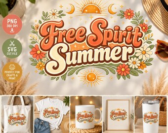 Zomerontwerp met vrije geest | Boho Retro Floral Sun PNG SVG (digitale download)
