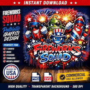 Puede incluir: Un diseño gráfico digital con el texto Fireworks Squad y tres personajes de fuegos artificiales en rojo, blanco y azul. Los personajes llevan gafas de sol y sombreros sobre un fondo de fuegos artificiales y estrellas en una superficie.