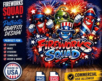 Fireworks Squad PNG SVG, grappige patriottische voetzoekermascottes, 4 juli graffiti-ontwerp, Independence Day-shirtbestand