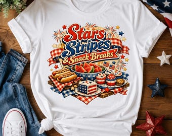 Retro picknickshirtontwerp | Stars Stripes Snack Breaks PNG SVG (digitale download)