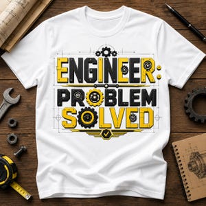 Op de afbeelding: Wit t-shirt met de tekst "ENGINEER: PROBLEM SOLVED" in zwarte en gele blokletters. Het ontwerp bevat tandwiel- en blauwdrukelementen, wat duidt op een technisch thema. Het shirt is gemaakt van een zacht, comfortabel materiaal.