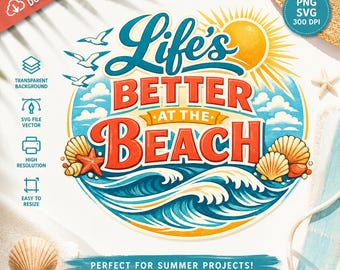 Retro strandtypografieontwerp | Zomergolven kust, zon, schelpen (PNG SVG)