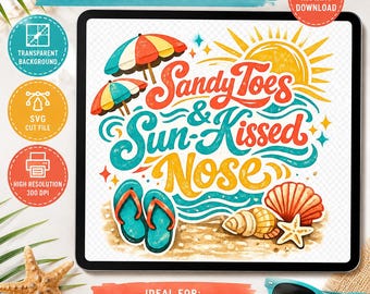 Retro zomerstrandontwerp | Sandy Toes Sun-Kissed Nose PNG SVG (digitale download)
