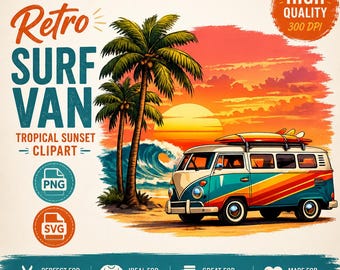 Retro Surf Van Clipart, Tropical Sunset Beach-ontwerp (PNG SVG)
