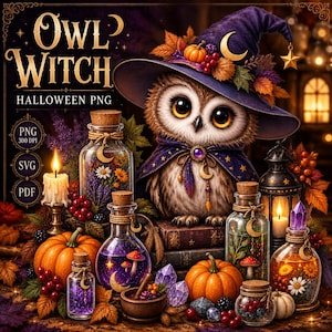 Puede incluir: Una ilustración digital que muestra un búho con sombrero de bruja y capa morada, rodeado de frascos de vidrio con flores, setas y bayas, calabazas, una vela encendida, un farol y cristales, con el texto Owl Witch Halloween PNG.