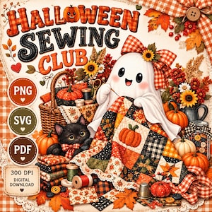 Puede incluir: Una ilustración digital titulada Halloween Sewing Club que muestra a un fantasma blanco cosiendo una colcha de retazos con patrones naranjas, negros y blancos. Incluye un gatito negro, calabazas, girasoles, una cesta de costura y botones.