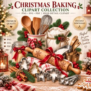 Op de afbeelding: Een digitale collectie kerstbakkunst-clipart met een houten deegroller met sneeuwvlokgravures, metalen koekjesvormpjes, een garde, houten lepels, maatbekers, een glazen pot met een rode strik en een meelzak met dennentakken.