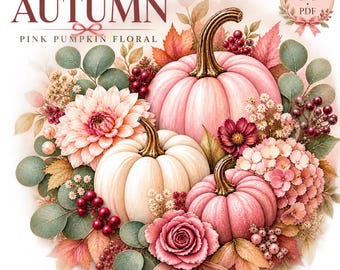 Blush Pink Pumpkin Floral Clipart, Romantic Autumn Watercolor PNG (SVG PDF Download)