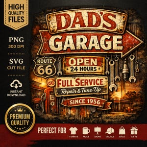 Pappas garage PNG SVG, vintage Route 66 mekanikerskyltdesign (digital nedladdning)