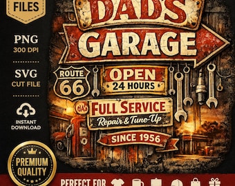 Dad's Garage PNG SVG, vintage Route 66 monteur bordontwerp (digitale download)