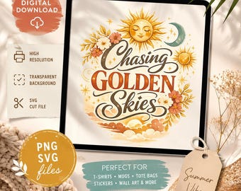 Chasing Golden Skies SVG-PNG | Boho-ontwerp met hemelse zon en maan (digitale download)