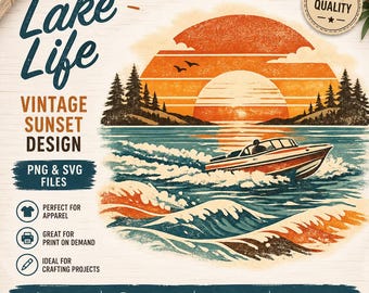 Vintage Lake Life-zonsondergang ontwerp, retro boot zomerafbeelding (PNG SVG)