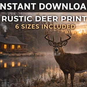 Op de afbeelding: Een digitale kunstprint met een majestueuze hert met groot gewei bij een meer. Een rustieke hut met verlichte ramen staat aan de rand van het meer. De tekst "INSTANT DOWNLOAD RUSTIC DEER PRINT 6 SIZES INCLUDED" staat bovenaan.