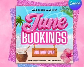 June Bookings Flyer Template, Beauty Business Social Media (Canva Editable)
