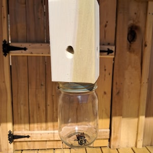 May include: A wooden bee trap with a clear glass jar attached. The trap has a rectangular wooden top with a hole and is suspended by a metal chain. A bee is visible inside the jar. The background is a wooden structure.