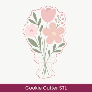 May include: A cookie cutter with a red outline shaped like a bouquet of flowers. The design features two pink flowers, a sprig of small berries, and several sage green leaves, all tied together at the base with a white ribbon illustration.