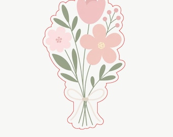 May include: A cookie cutter with a red outline shaped like a bouquet of flowers. The design features two pink flowers, a sprig of small berries, and several sage green leaves, all tied together at the base with a white ribbon illustration.
