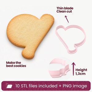 May include: A light pink cookie cutter with a thin blade for clean cuts, shown next to a baked cookie in the same shape. The cutter has a height of 1.3cm. Text includes: Thin blade Clean cut, Make the best cookies, Height 1,3cm, 10 STL files included + PNG image.