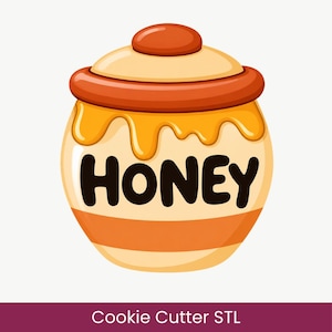 May include: A round honey pot illustration featuring a cream-colored body with a wide orange band at the base. The word HONEY is printed in large black letters. A thick orange lid sits on top with dripping yellow honey along the upper rim.