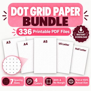 Pode incluir: Um pacote digital de papel com grade de pontos contendo 336 arquivos PDF imprimíveis nos tamanhos A3, A4, A5, US Letter e Half Letter. O gráfico inclui etiquetas de texto para 7 tamanhos de espaçamento, 4 cores e opções com e sem margem.