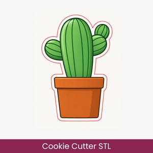 Pode incluir: Um cortador de biscoitos em forma de cacto com contorno vermelho. O design apresenta um cacto central alto com dois braços arredondados menores em cada lado, todos em tons de verde, dentro de um vaso de flores laranja-acastanhado.