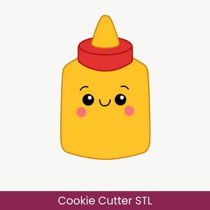 Pode incluir: Um cortador de biscoitos em forma de garrafa de mostarda amarela com tampa vermelha e bico amarelo. A garrafa apresenta um rosto de desenho animado com dois olhos pretos, uma pequena boca curva e duas bochechas rosas. Texto Cookie Cutter STL.