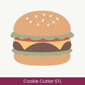 Pode incluir: Uma ilustração gráfica de um hambúrguer com um pão castanho claro com sementes de sésamo brancas, alface verde, uma fatia de tomate vermelho, uma fatia de queijo amarelo e um hambúrguer castanho. O texto Cookie Cutter STL está em baixo.