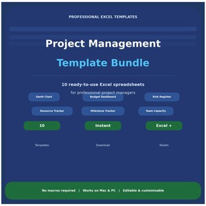 Może przedstawiać: Ciemnoniebieska grafika z napisem "Project Management Template Bundle". Zawiera 10 gotowych do użycia arkuszy kalkulacyjnych Excel dla kierowników projektów. Funkcje obejmują wykres Gantta, Resource Tracker i Milestone Tracker. Widoczne są również słowa "Instant" i "Excel +."