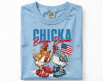 Chicka Boom Boom Tee, Funny 4th of July Shirt, Patriotic Chicken Shirt, Retro Americana Comfort Colors Tee