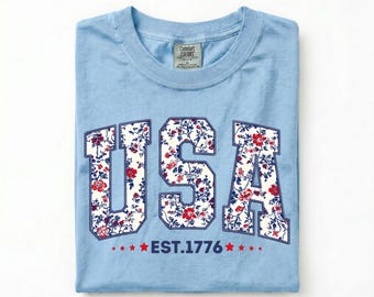 Floral USA Shirt, Patriotic Comfort Colors Tee, 4th of July Graphic Shirt, Americana Floral Tee, Retro Independence Day Shirt