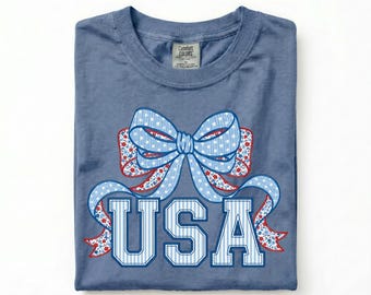 Patriotic Bow USA Shirt, Coquette 4th of July Tee, Americana Bow Tshirt, Cute USA Graphic Tee, Comfort Colors Patriotic Shirt