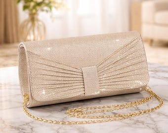 Sparkling Gold Evening Clutch Purse – Elegant Bow Detail, Detachable Chain Bag