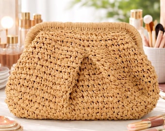 Bolso de mano de paja tejida – Bolso de playa de verano, monedero con forma de nube, correa de cadena metálica