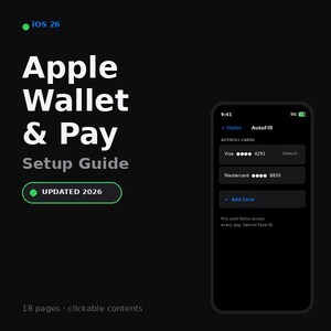 May include: A black background features the text "Apple Wallet & Pay Setup Guide" in white. The guide includes "UPDATED 2026" and a smartphone screen showing credit card autofill options. The text "18 pages · clickable contents" is at the bottom.